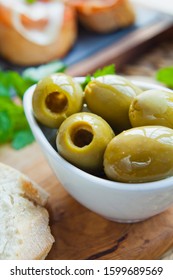 Big Green Olives Tapas -  Traditional Snack In Spanish Cuisine -  Halkidiki Pitted Olives.