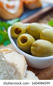 Big Green Olives Tapas -  Traditional Snack In Spanish Cuisine -  Halkidiki Pitted Olives.