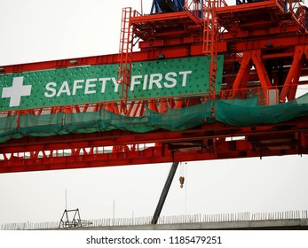 Big Green Safety First Billboard In Big Contruction Area With Any Hold For Aero Dynamic