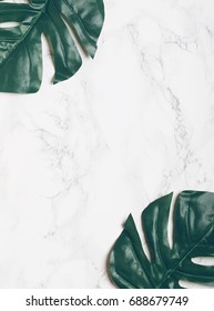 Big green tropical monstera leaves on white marble background. Flat lay. Top view. Copy space.