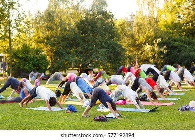 Big Group Of Adults Attending A Yoga Class Outside In Park