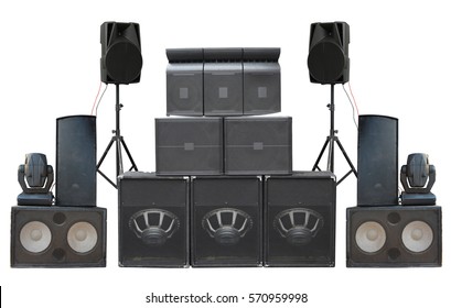 Big Group Of Old Industrial Powerful Stage Sound Speakers Isolated Over White Background