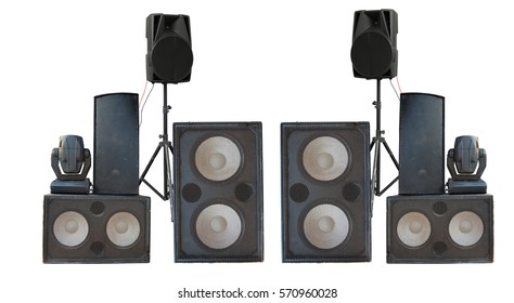 Big Group Of Old Industrial Powerful Stage Sound Speakers Isolated Over White Background