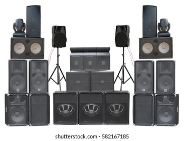 Big Group Of Old Industrial Powerful Stage Sound Speakers Isolated Over White Background