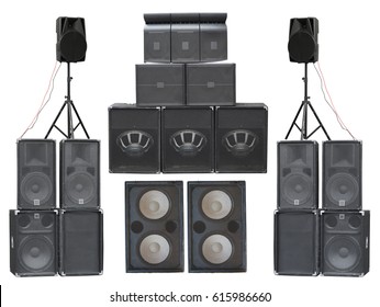 Big Group Of Old Industrial Powerful Stage Sound Speakers Isolated Over White Background