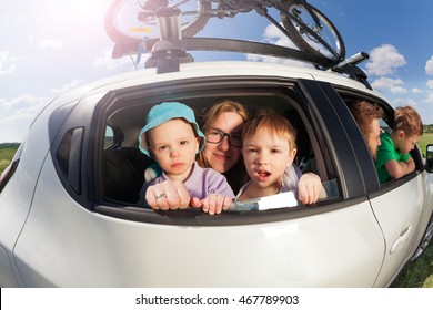 Big Happy Family Going On Vacation Trip In Summer