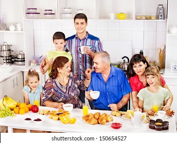 Big Happy Family Have Breakfast At Kitchen.