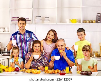 Big Happy Family Have Breakfast At Kitchen.