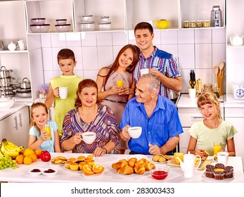 Big Happy Family Have Breakfast At Kitchen.