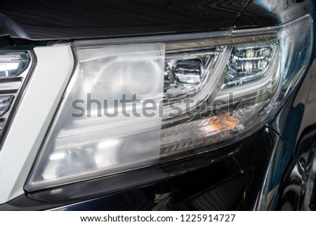 Big headlight cleaning with power buffer machine at service station ,Before and after cleaning