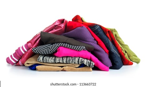 Big Heap Of Colorful Clothes, View From Above, Isolated On White Background.