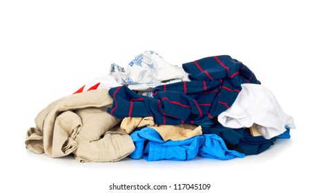 Big Heap Of Colorful Clothes, View From Above, Isolated On White Background.