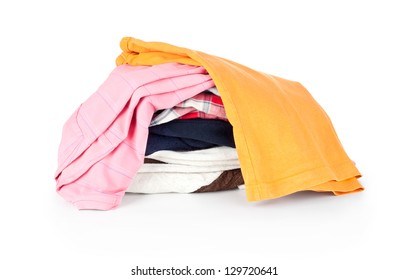 Big Heap Of Colorful Clothes, View From Above, Isolated On White Background.