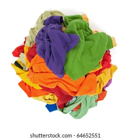 Big Heap Of Colorful Clothes, View From Above, Isolated On White Background.