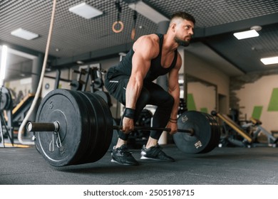 Big and heavy barbell in hands. Strong muscular man is working out in the gym. - Powered by Shutterstock