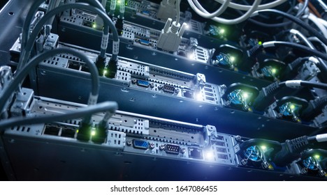 Big High Tech Server Data Center. Web Network and Internet Telecommunication Technology.
