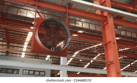 Big Industrial Cooler Red Fans In Factory For Reduced Heat In Operation Ventilation Of Plant, Industry Cooling Mechanical Fan