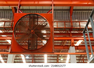 Big Industrial Cooler Red Fans In Factory For Reduced Heat In Operation Ventilation Of Plant, Industry Cooling Mechanical Fan