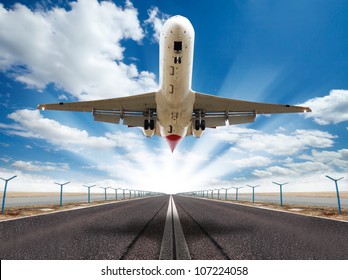 Big jet plane taking off runway