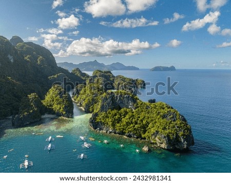 Image, Stock Photo Miniloc Island with limestone cliffs. Aerial drone panoramic picture. Bacuit Archipelago, El Nido, Palawan, Philippines