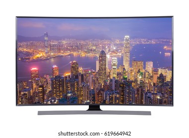 Big Led Tv With Cityscape View Isolated On White Background