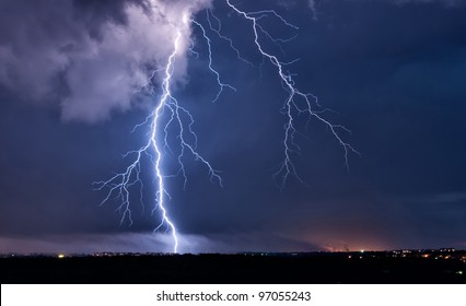 Big Lightning In The Stormy Sky Over A City