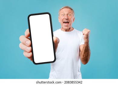 Big Luck And Win. Excited Mature Male Holding And Showing Big Cell Phone With Empty White Screen In Hand For Mock Up, Shaking Clenched Fist, Cheerful Man Celebrating Win, Standing At Blue Studio