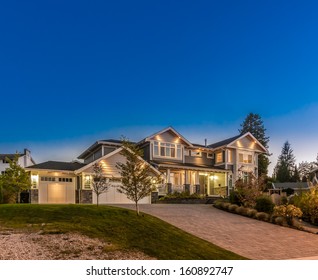 Big Luxury House At Dusk, Night, Sunrise Time In Suburbs Of Vancouver, Canada.