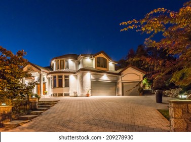 Big Luxury House At Night, Disk, Sunset, Sunrise Time In Suburbs Of Vancouver, Canada.