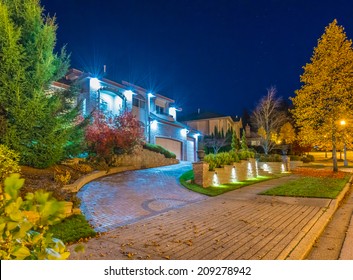 Big Luxury House At Night, Disk, Sunset, Sunrise Time In Suburbs Of Vancouver, Canada.