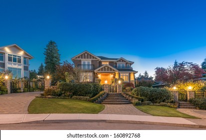 Big Luxury House At Night, Dusk Time In Suburbs Of Vancouver, Canada.