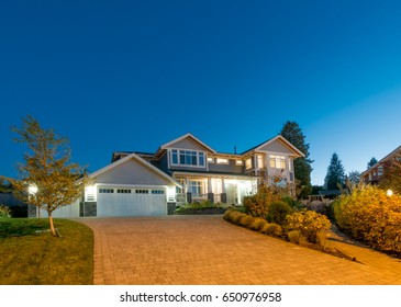 Big Luxury House At Night, Dusk Time In Suburbs Of Vancouver, Canada.