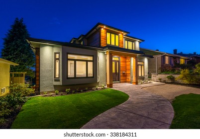 Big Luxury, Modern House At Dusk, Night Time In Suburbs Of Vancouver, Canada.