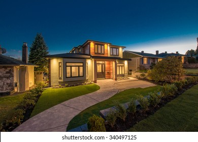 Big Luxury, Modern House At Dusk, Night Time In Suburbs Of Vancouver, Canada.