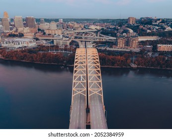 Big Mac bridge crosses The Ohio River from Newport KY, into Cincinnati 