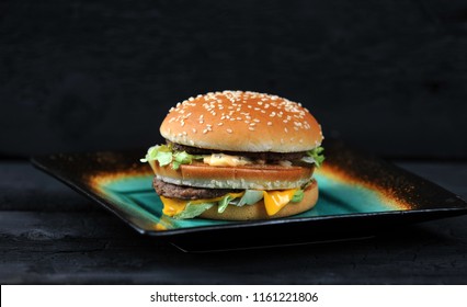 Big Mac Fast Food On Black Background