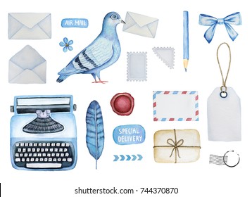 Big mail set of different postal elements. Various envelopes, pigeon bird, postage stamps, typewriter, parcel, stickers, stationery, tags, postal ornament, wax seal, arrows, forget-me-not flower, bow.