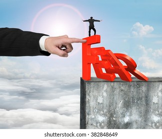 Big Man's Hand Stopping Domino Of Red Fear Word Falling, With Another Small Man Balancing On Top Of Concrete Wall, With Sunny Sky Cloudscape Background.