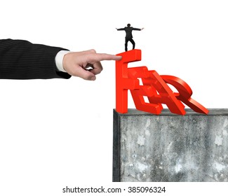 Big Man's Hand Stopping Domino Of Red Fear Word Falling, With Another Small Man Balancing On Top Of Concrete Wall, Isolated On White.