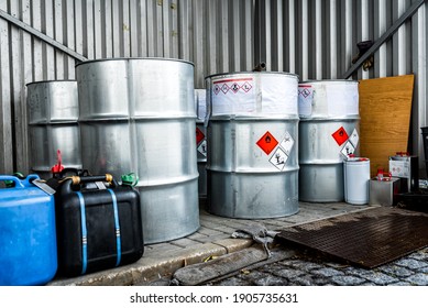 Big Metal Barrels Containing Hazardous Chemicals From Laboratories, Business And Industry Background, Waste Management Topic