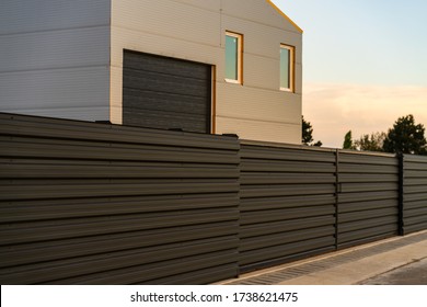 Big Metal Industrial Storage Shed Building.  Exterior Of Warehouse, No Brands On Storehouse With Copy Space.