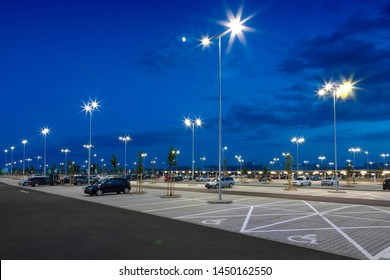 Big Modern Empty Parking Lot At Night