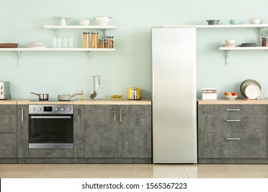 Big Modern Fridge In Interior Of Kitchen