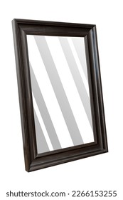 Big modern mirror in a wooden frame of black color on a white background. Home decor. - Shutterstock ID 2266153255