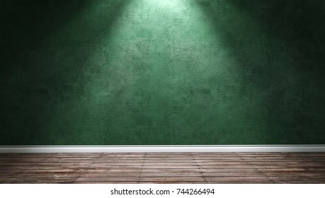 Big Modern Room With Green Plaster Wall, Wooden Floor And White Plinth. Interior With Bright Spotlights. Showroom, Photo Studio, Stage.