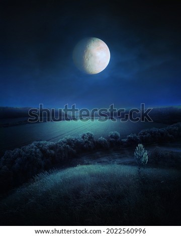 Big moon in the night sky over green hills and fields. Bright light from the full moon. Beautiful night landscape.