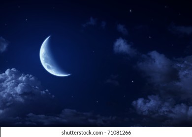 Big Moon And Stars In A Cloudy Night Blue Sky. Fantastic Beautiful Landscape