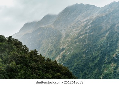 Big mountain and cascade flowing in tropical rainforest on gloomy day at Fiordland national park, South island of New Zealand - Powered by Shutterstock