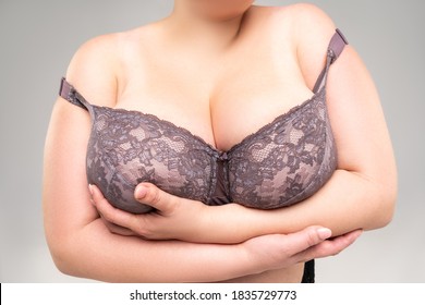 Big natural breasts in a lace bra close-up, biggest boobs on gray background, studio shot