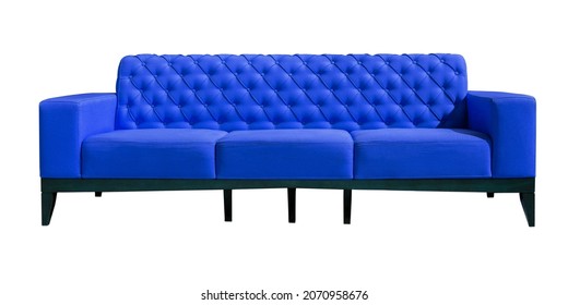 Big Navy Blue Sofa With Wooden Legs Isolated On White. Darck Blue Couch Isolated